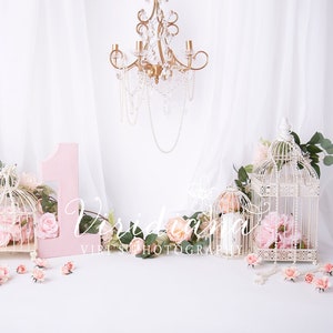 Photography Digital Backdrop, One year digital backdrop for girl, Cake Smash digital backdrop, Pearls and Roses digital backdrop
