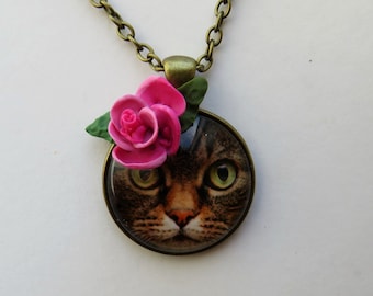 Cat Pendant Pink Roses Floral Necklace Cat Necklace Jewelry Gift for Cat Lovers