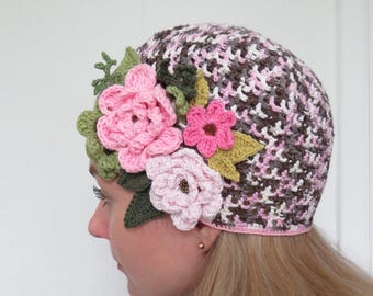 Gorro de flores de crochet: gorro arcoíris, sombrero para el sol de algodón de punto retro