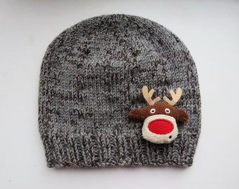 Christmas Knit Hat Reindeer Beanie Child Hand Knitted Hat Kids Crochet Beanie Winter Grey Rudolph Hat Knit Accessories Deer Hat