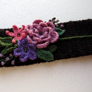 Crochet Floral Headband: Knit Ear Warmer with Wool Blend Flowers