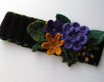Crochet Headband with Flowers Women's Knit Head Warmer Black Purple Yellow Ear Warmer for Woman Floral Headband Head Wrap
