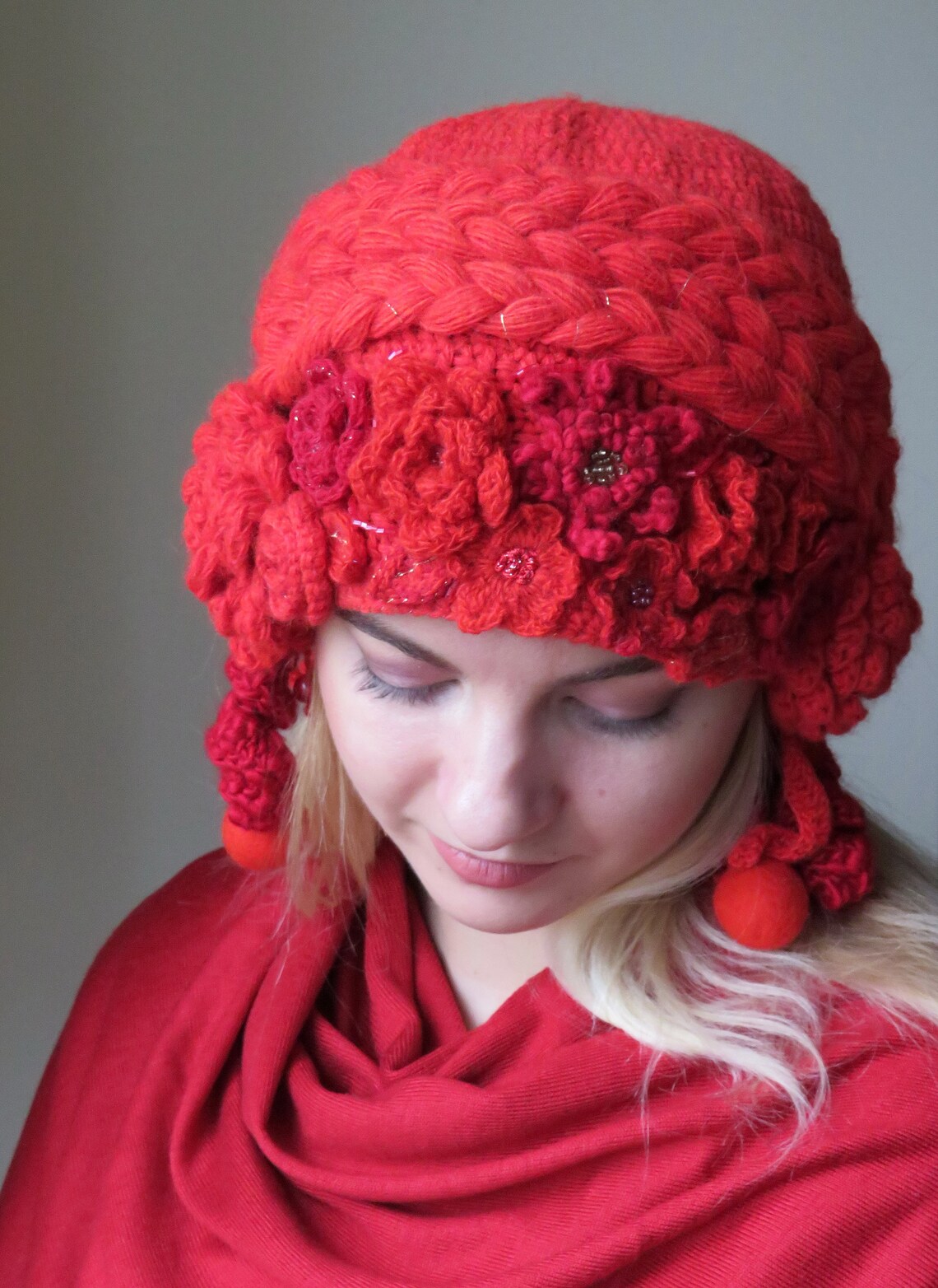 CHIC-CHIC Damen Wannen Hut Rot - Vintage Style Mit Blumen Für Winter & Herbst