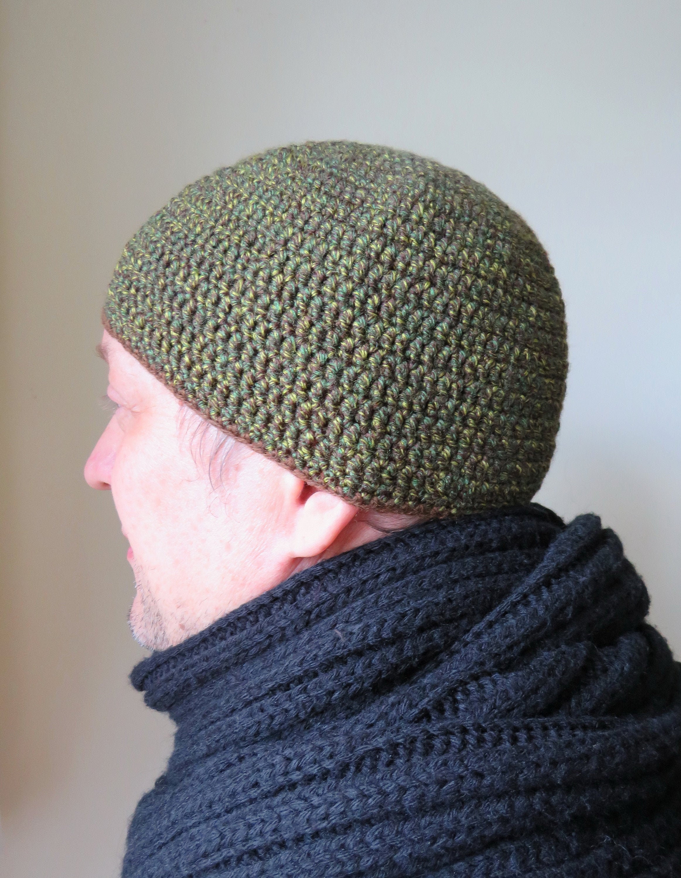 Men's Crochet Beanie Knit Skull Cap Melange browngreen Etsy