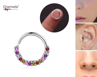Hoop Piercing Septum Earrings Nose Snug Ring 8mm Dia Tragus Cartilage Upper Lobe 18G Silver Bendable Stainless Steel Crystal CZ Colourful