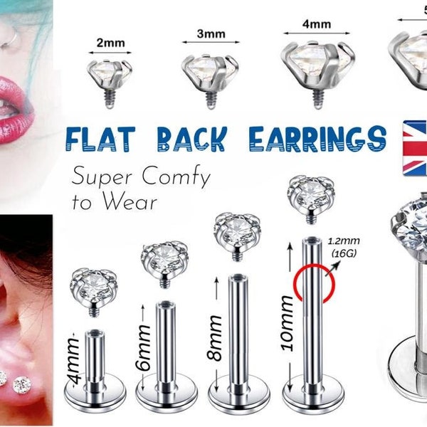 Boucles d'oreilles cartilage Silver Stud Clear Gem Disque plat arrière Tragus Nez Helix Labret Piercing Vis sur Dahlia Bites Rook Lobe 4mm 6mm 8mm 10 Bar