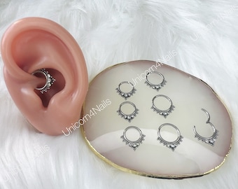 Hoop Clicker Septum & Daith Piercing Earrings Nose Snug Ring 8mm 10mm Cartilage Silver 16G Silver Stainless Steel Crystal CZ 1.2mm Quality