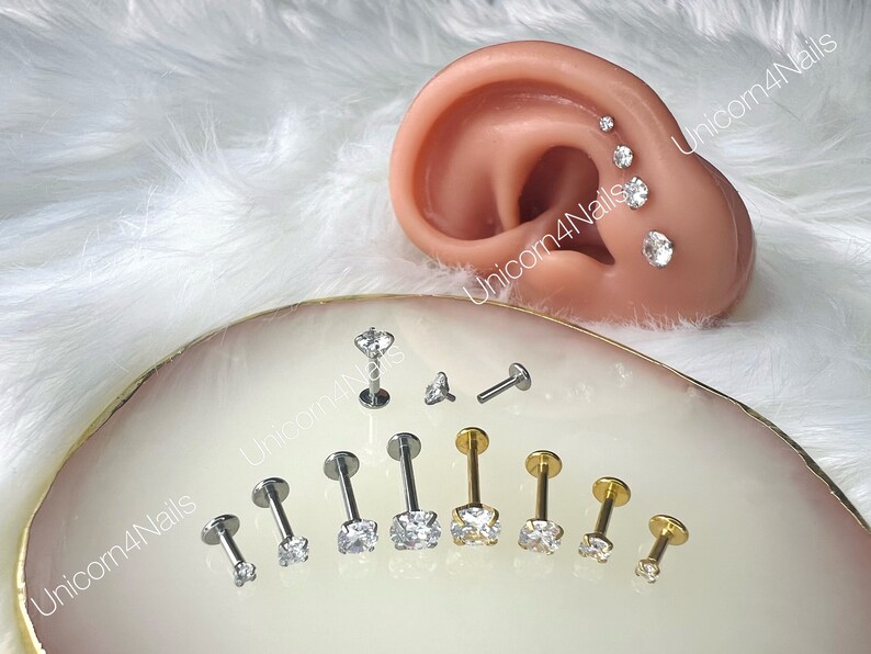 Cartilage Earrings Stud Clear Gem 16G Flat Disc Back Tragus Nose Helix Labret Piercing Screw On Medusa Dahlia Bites Rook Upper Lobe image 2