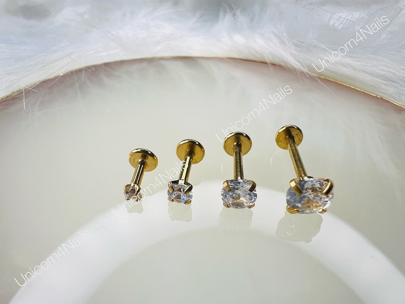 Cartilage Earrings Stud Clear Gem 16G Flat Disc Back Tragus Nose Helix Labret Piercing Screw On Medusa Dahlia Bites Rook Upper Lobe image 7