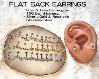 Cartilage Earrings Silver Stud Piercing Rhinestone Gem Flat Disc Back Tragus Nose Helix Labret Screw On Dahlia Bites Rook Lobe 6mm 8mm Bar