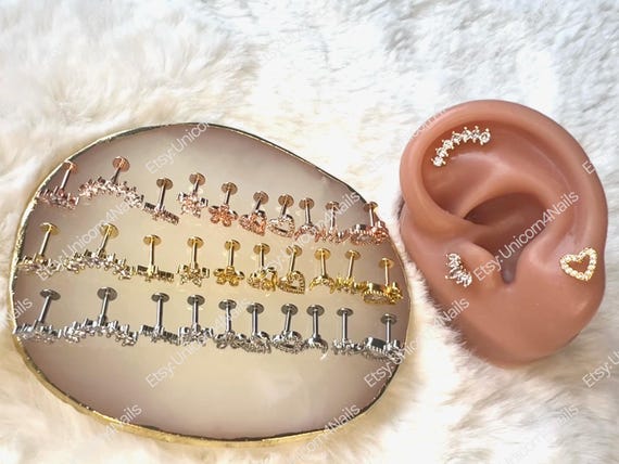 Cartilage Earrings Silver Stud Piercing Rhinestone Gem Flat Disc
