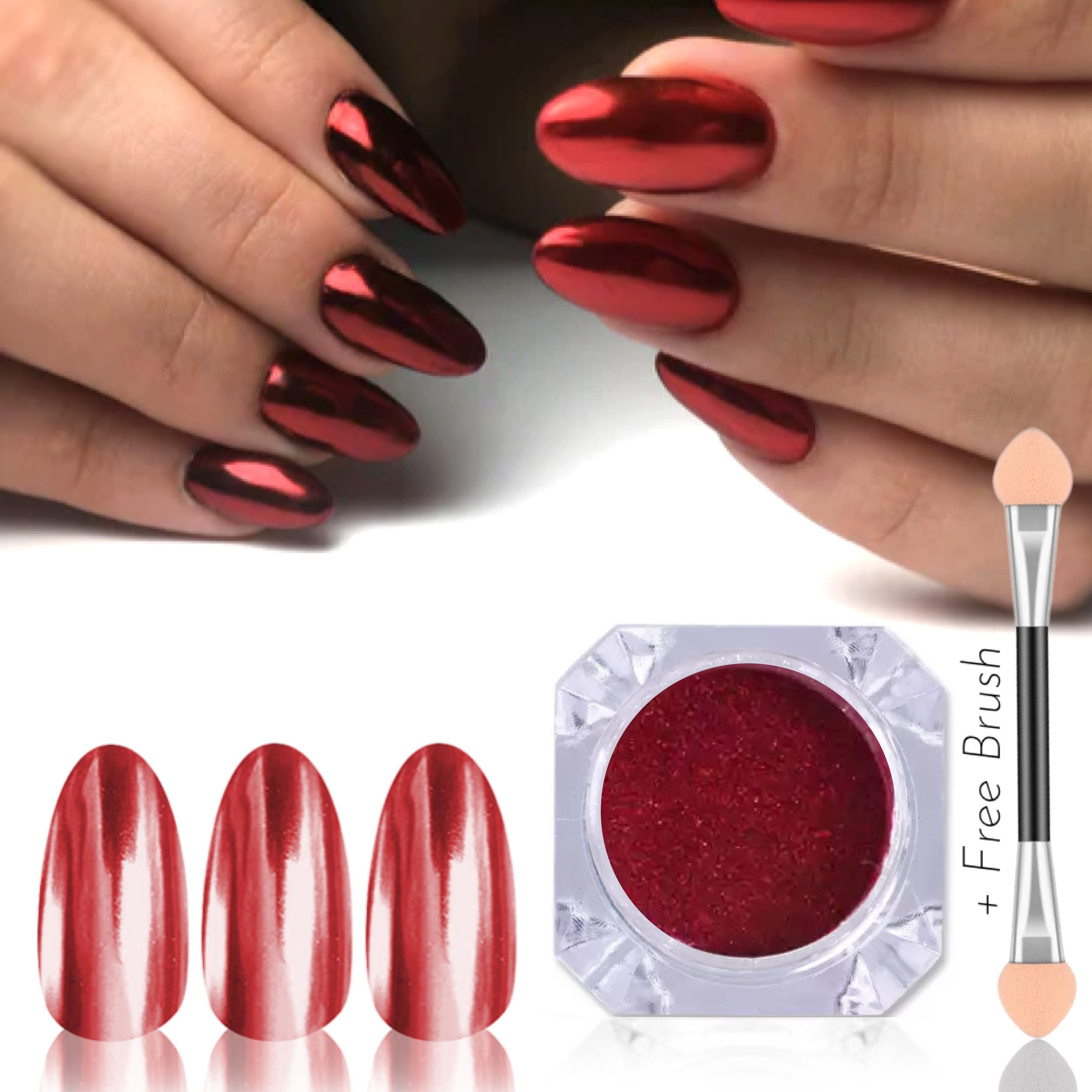 Red Nail Mirror Chrome Powder Metallic Colour Nails Shimmer Loose Cherry  Pigment Translucent Christmas Manicure Shiny Glass Effect Brush 