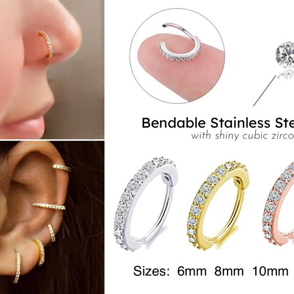 Hoop Piercing Septum Earrings Diamond Nose Ring 6mm 8mm 10mm Tragus Cartilage Upper Lobe 18G Silver Gold Stainless Steel Crystal CZ Bendable