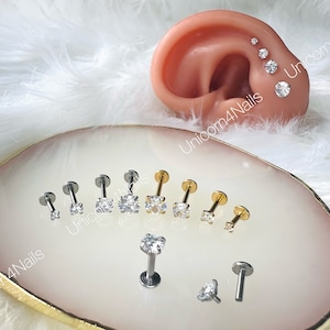 Cartilage Earrings Stud Clear Gem 16G Flat Disc Back Tragus Nose Helix Labret Piercing Screw On Medusa  Dahlia Bites Rook Upper Lobe