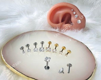 Cartilage Earrings Stud Clear Gem 16G Flat Disc Back Tragus Nose Helix Labret Piercing Screw On Medusa  Dahlia Bites Rook Upper Lobe