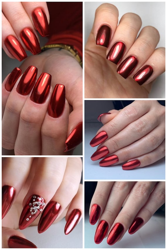 Red Nail Mirror Chrome Powder Metallic Colour Nails Shimmer Loose Cherry  Pigment Translucent Christmas Manicure Shiny Glass Effect Brush 