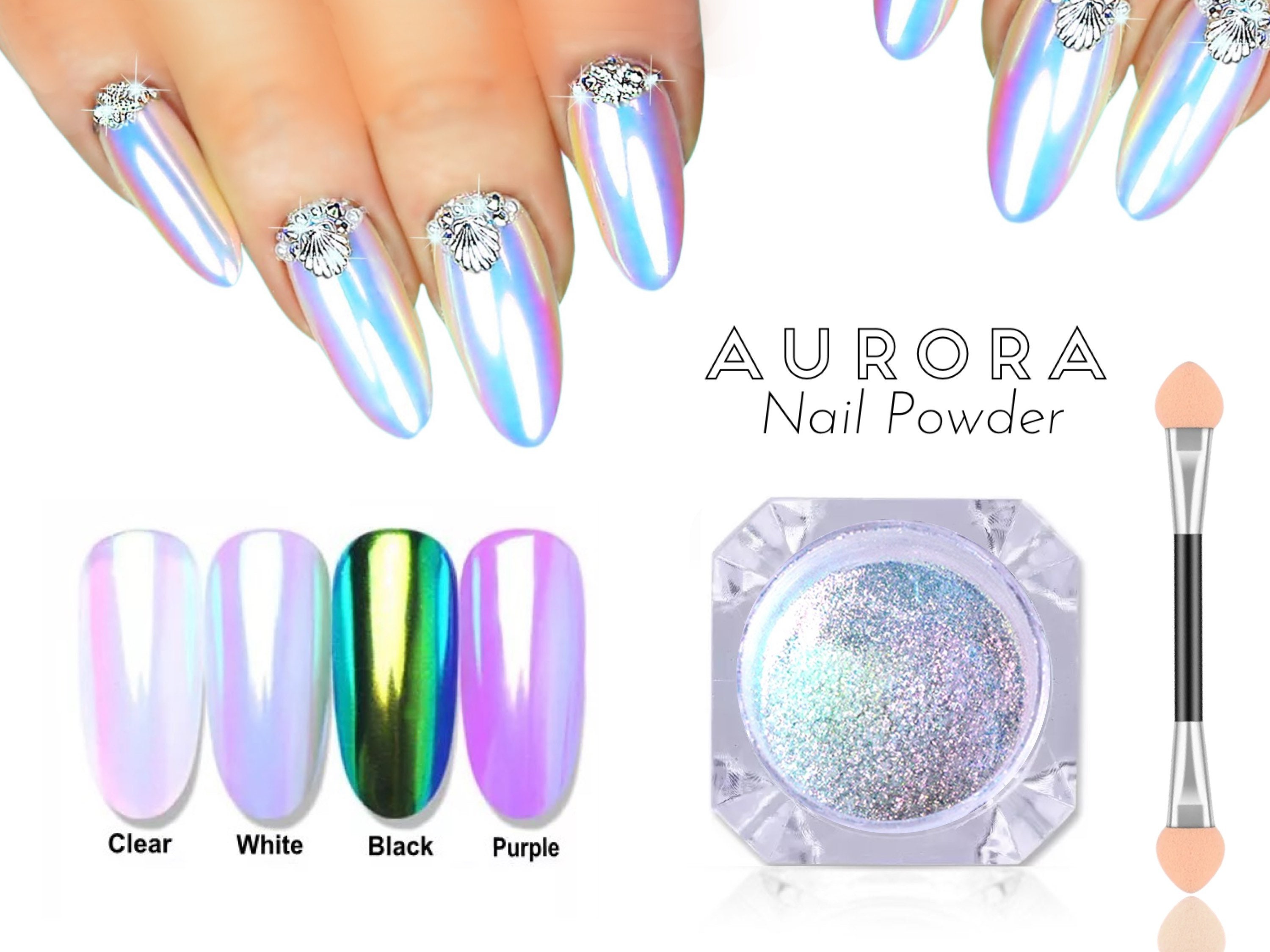 White Holographic Nail Chrome Powder Transparent Effect Clear Unicorn  Rainbow Shiny Nails Sparkly Dust Glass Shimmer Not Glitter Summer 