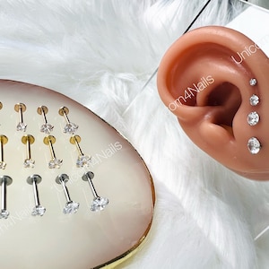 Cartilage Earrings Stud Clear Gem Flat Disc Back Tragus Nose Helix Labret Piercing Screw On Medusa Snake Dahlia Bites Rook Upper Lobe Snug