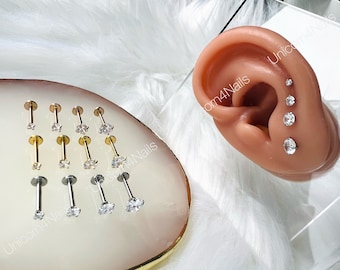 Cartilage Earrings Stud Clear Gem Flat Disc Back Tragus Nose Helix Labret Piercing Screw On Medusa Snake Dahlia Bites Rook Upper Lobe Snug
