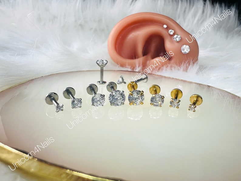 Cartilage Earrings Stud Clear Gem 16G Flat Disc Back Tragus Nose Helix Labret Piercing Screw On Medusa Dahlia Bites Rook Upper Lobe image 9