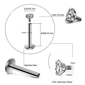 Cartilage Earrings Silver Stud Clear Gem Flat Disc Back Tragus Nose Helix Labret Piercing Screw On Dahlia Bites Rook Lobe 4mm 6mm 8mm 10 Bar image 7