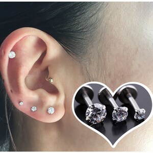 Cartilage Earrings Silver Stud Clear Gem Flat Disc Back Tragus Nose Helix Labret Piercing Screw On Dahlia Bites Rook Lobe 4mm 6mm 8mm 10 Bar image 4