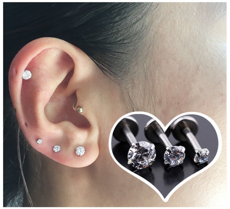 Cartilage Earrings Silver Stud Clear Gem Flat Disc Back Tragus Nose Helix Labret Piercing Screw On Dahlia Bites Rook Lobe 4mm 6mm 8mm 10 Bar image 4