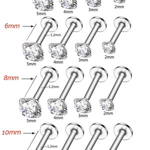 Cartilage Earrings Silver Stud Clear Gem Flat Disc Back Tragus Nose Helix Labret Piercing Screw On Dahlia Bites Rook Lobe 4mm 6mm 8mm 10 Bar image 3