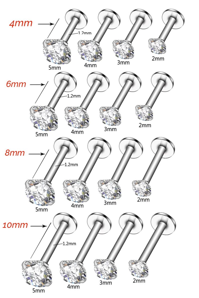 Cartilage Earrings Silver Stud Clear Gem Flat Disc Back Tragus Nose Helix Labret Piercing Screw On Dahlia Bites Rook Lobe 4mm 6mm 8mm 10 Bar image 3