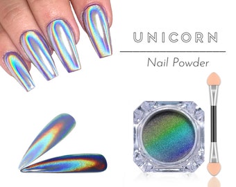 Unicorn Nail Mirror Holographic Chrome Powder Metallic Rainbow Colour Holo Nails Shimmer Loose Pigment Manicure Shiny Luxury Effect +Brush