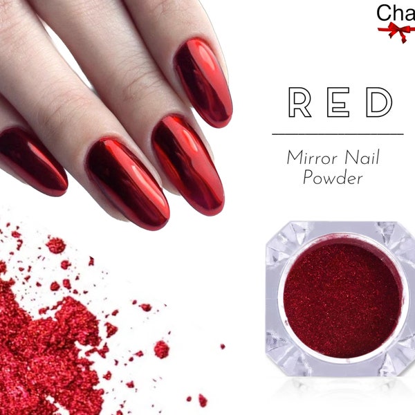 Red Nail Mirror Chrome Powder Metallic Colour Nails Shimmer Loose Cherry Pigment Translucent Christmas Manicure Shiny Glass Effect + Brush