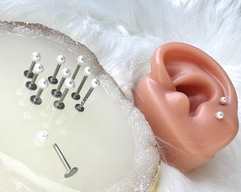 Cartilage Earrings Silver Stud Pearl Gem Flat Disc Back Tragus Nose Helix Labret Piercing Screw On Dahlia Bites Rook Lobe 6mm 8mm 10mm Bar