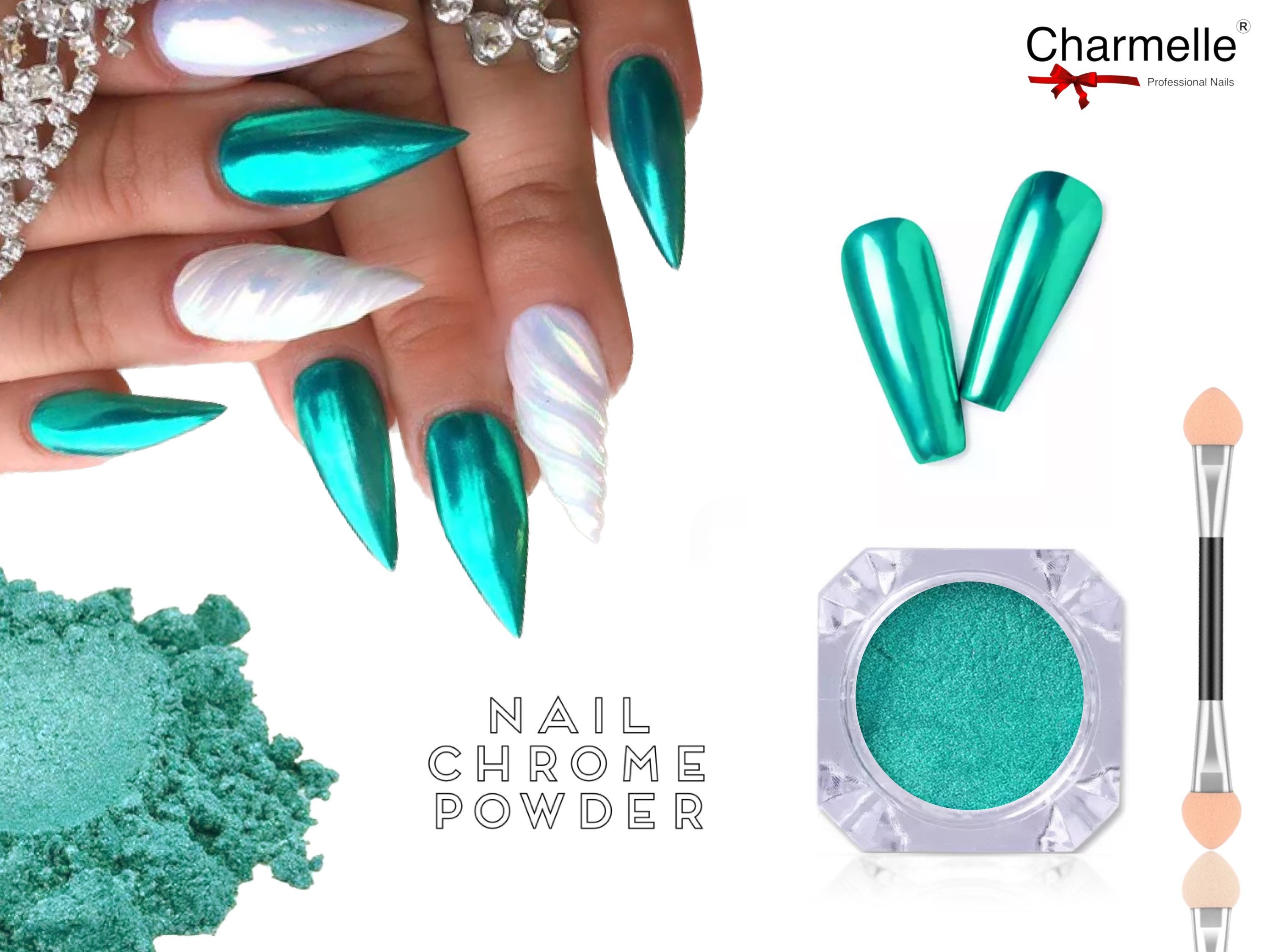 teal chrome nails