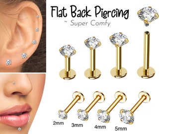 Cartilage Earrings Gold Stud Clear Gem Flat Disc Back Tragus Nose Helix Labret Piercing Screw On Dahlia Bites Rook Lobe 4mm 6mm 8mm 10 Bar