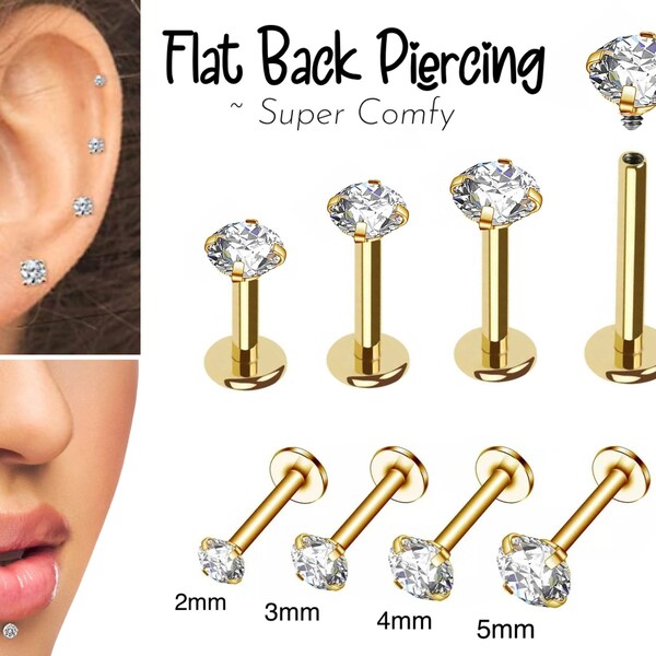 Boucles d'oreilles cartilage Gold Stud Clear Gem Disque plat arrière Tragus Nez Helix Labret Piercing Vis sur Dahlia Bites Rook Lobe 4mm 6mm 8mm 10 Bar