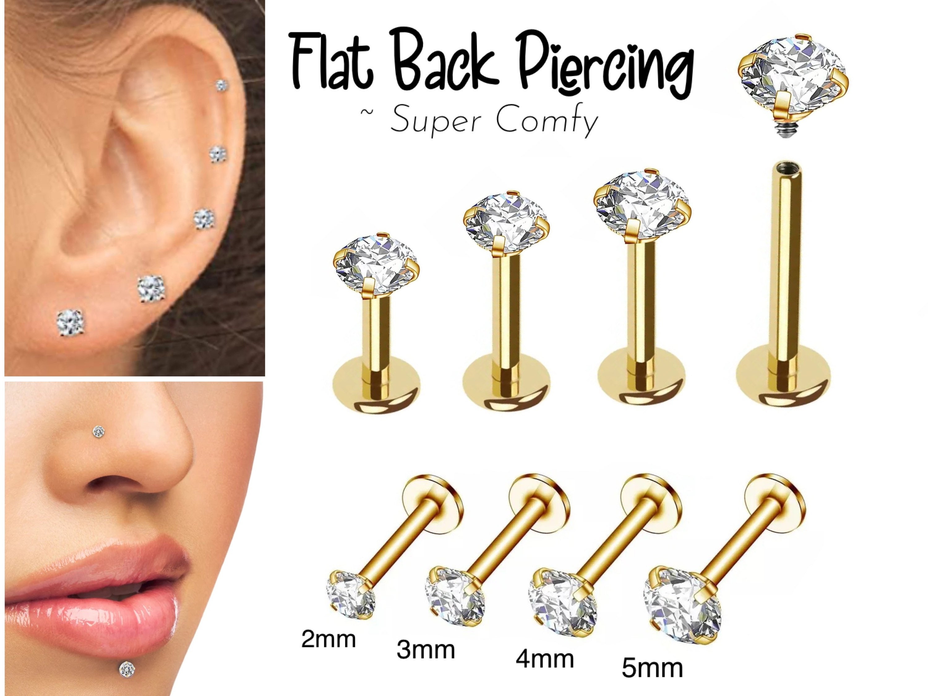 Cartilage Earrings Silver Stud Clear Gem Flat Disc Back Tragus Nose Helix  Labret Piercing Screw on Dahlia Bites Rook Lobe 4mm 6mm 8mm 10 Bar 