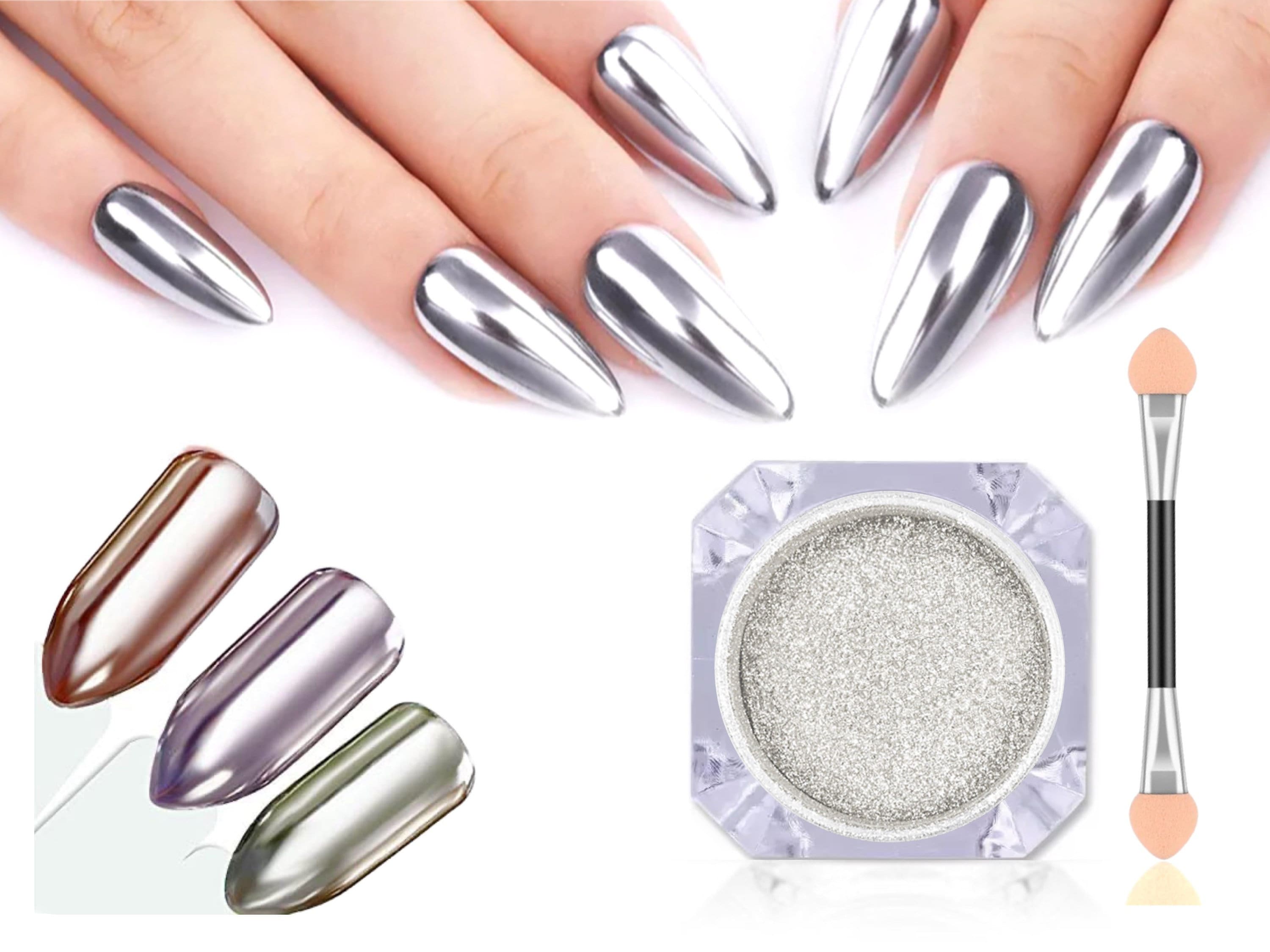 Silver Nail Mirror Chrome Powder Metallic Colour Nails Shimmer Loose  Pigment Translucent Rose Gold Manicure Shiny Glass Effect Brush 