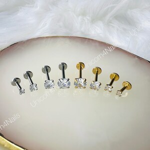 Cartilage Earrings Stud Clear Gem 16G Flat Disc Back Tragus Nose Helix Labret Piercing Screw On Medusa Dahlia Bites Rook Upper Lobe image 4