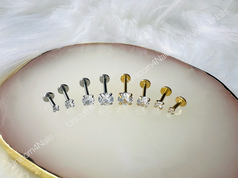 Cartilage Earrings Stud Clear Gem 16G Flat Disc Back Tragus Nose Helix Labret Piercing Screw On Medusa Dahlia Bites Rook Upper Lobe image 4