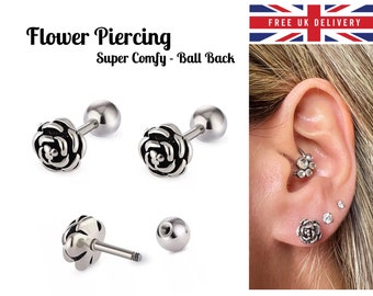 1 piece Flower Stud Earrings Screw Ball Back Cartilage 6mm Bar Surgical Stainless Steel Helix Tragus Piercing Rose Face Body Ear Jewelry UK