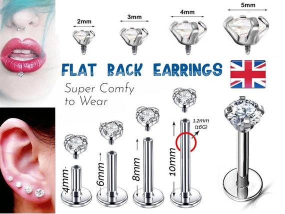 Cartilage Earrings Silver Stud Clear Gem Flat Disc Back Tragus Nose Helix  Labret Piercing Screw on Dahlia Bites Rook Lobe 4mm 6mm 8mm 10 Bar 