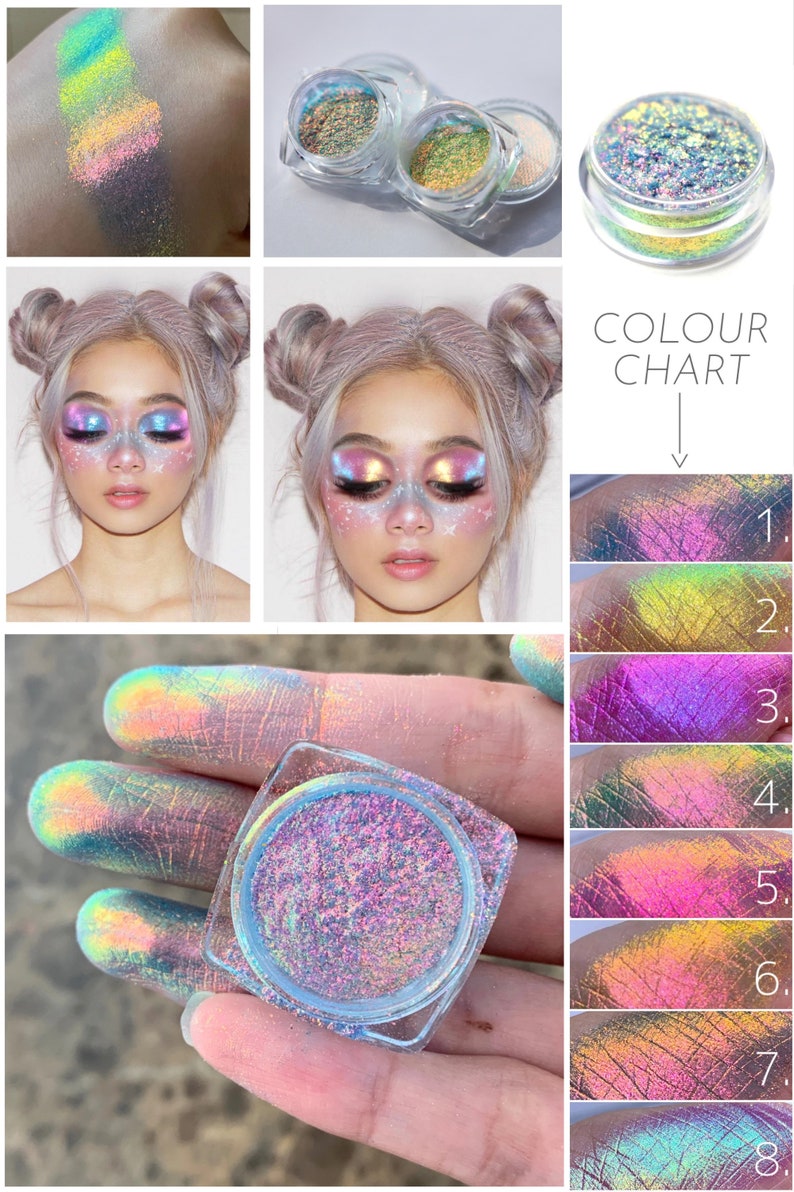 Aurora Multichrome Makeup Unicorn Pigment Eyeshadow Face Body Shimmer Rainbow Colour Shifting Chameleon Multi Chrome Loose Color Powder Eye image 2