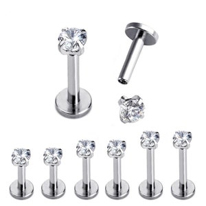 Cartilage Earrings Silver Stud Clear Gem Flat Disc Back Tragus Nose Helix Labret Piercing Screw On Dahlia Bites Rook Lobe 4mm 6mm 8mm 10 Bar image 6