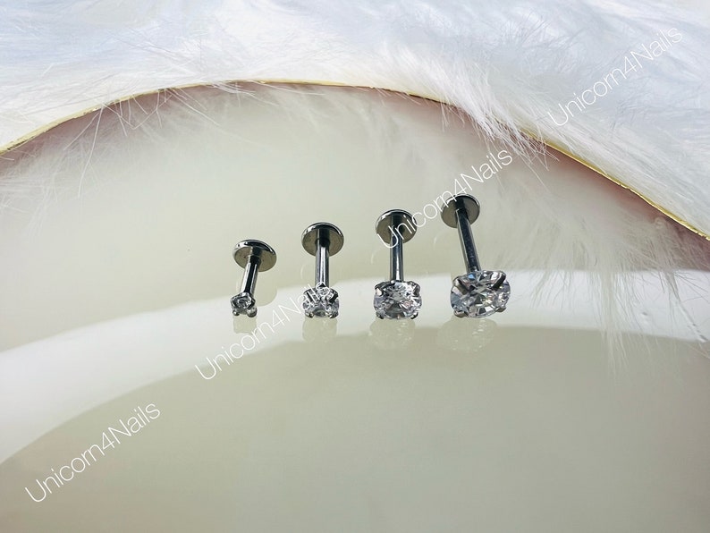 Cartilage Earrings Stud Clear Gem 16G Flat Disc Back Tragus Nose Helix Labret Piercing Screw On Medusa Dahlia Bites Rook Upper Lobe image 8