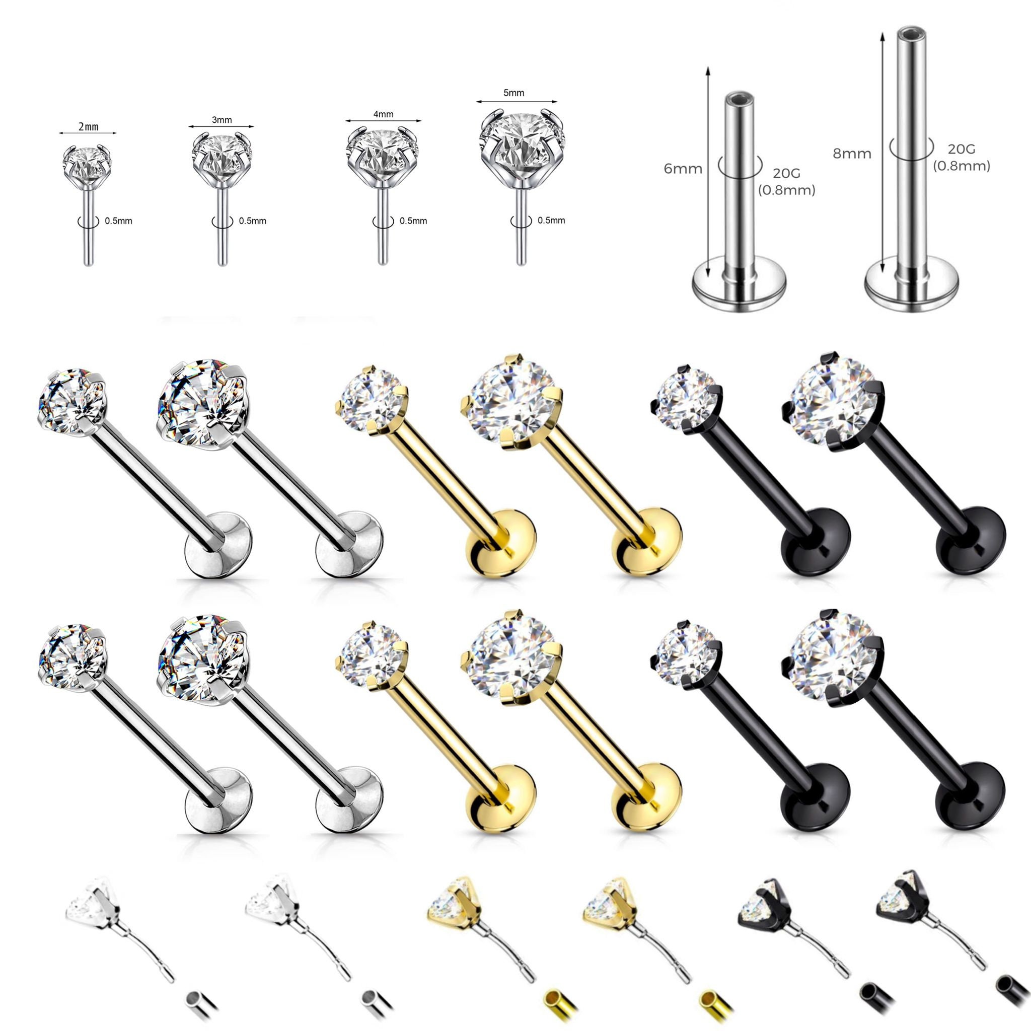 20G Cartilage Piercing Stud Push in Pin 6mm 8mm Bar Clear Gem - Etsy UK