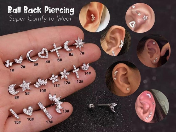 Cartilage Labret Piercing Earrings Stud Crystal Gem Flat Disc Back Tragus  Helix