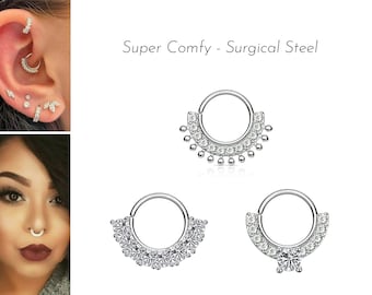 Hoop Piercing Septum Boucles d'oreilles Nez Snug Ring 8mm Dia Tragus Cartilage Lobe Supérieur 18G Argent Pliable Acier Inoxydable Cristal CZ Conque Gemmes