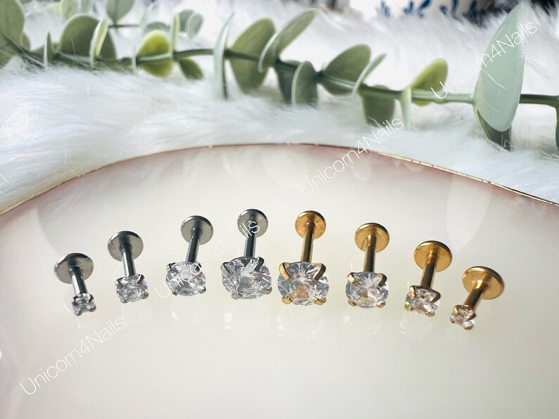 Cartilage Earrings Stud Clear Gem 16G Flat Disc Back Tragus Nose Helix Labret Piercing Screw On Medusa Dahlia Bites Rook Upper Lobe image 3
