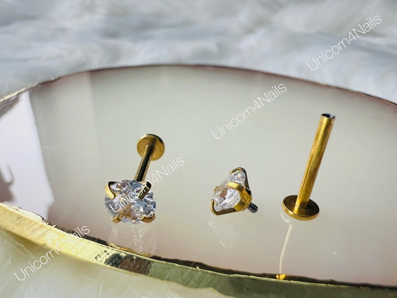 Cartilage Earrings Stud Clear Gem 16G Flat Disc Back Tragus Nose Helix Labret Piercing Screw On Medusa Dahlia Bites Rook Upper Lobe image 5