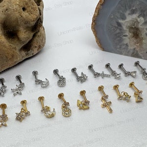 Dangle Earrings Flat Back Silver Gold Stud Clear Gem Tragus Nose Helix Cartilage Labret Piercing Screw On Dahlia Rook Lobe 6mm 16G Bar
